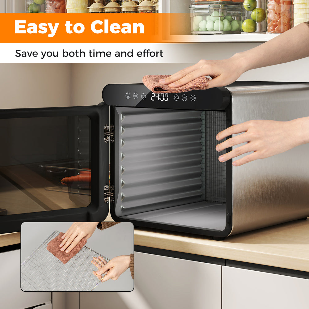Stainless steel food dryer with easy-to-clean interior, featuring a digital display and 7 trays for versatile drying.