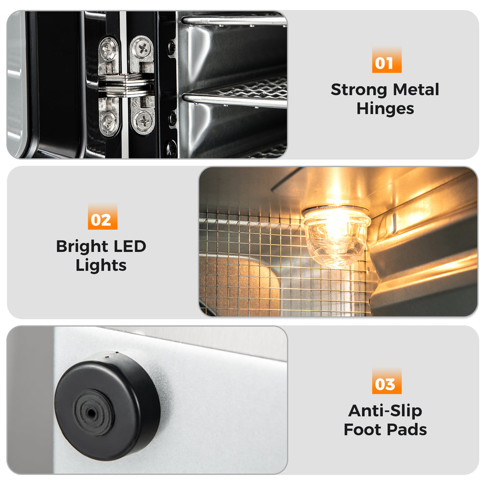 Strong metal hinges and bright LED lights enhance the 7 stainless steel trays dryer for efficient food drying.
