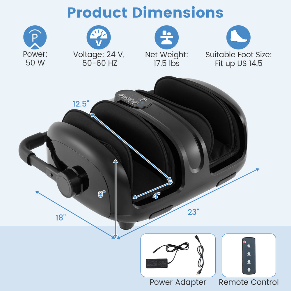Foot and calf massager with heat, featuring a user-friendly control panel and rotary stand for customizable relaxation.