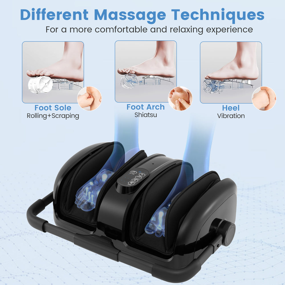 Foot and calf massager in black with heat, featuring shiatsu and compression for blood circulation and pain relief.