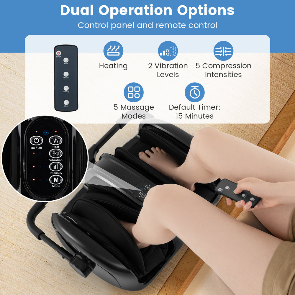 Foot and calf massager in black with remote control, featuring heat, 5 compression intensities, and 5 massage modes.