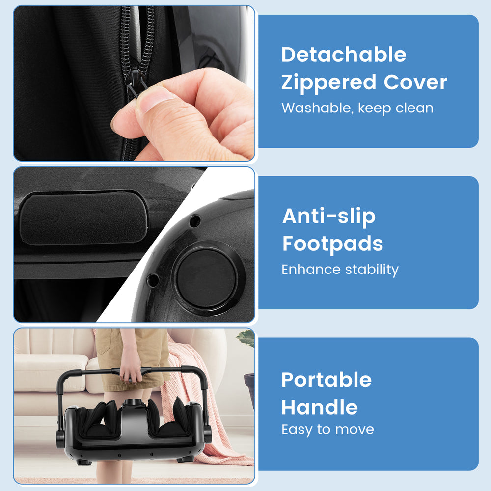 Detachable zippered cover of the black foot and calf massager, designed for easy cleaning and maintenance.