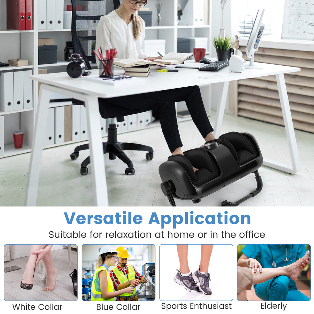 Foot and calf massager in black with heat, featuring 5 massage modes and compression for relaxation at home or office.
