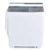 Twin tub portable washing machine in white with timer control and drain pump, ideal for apartments and RVs.