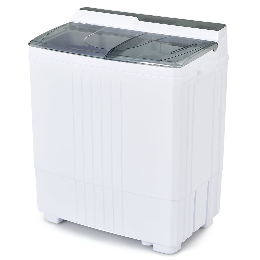 Twin tub portable washing machine in gray with independent timers and built-in drain pump, ideal for apartments and RVs.
