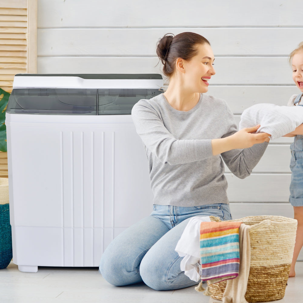 Portable twin tub washing machine in gray, featuring separate wash and dry tubs, ideal for apartments and RVs.