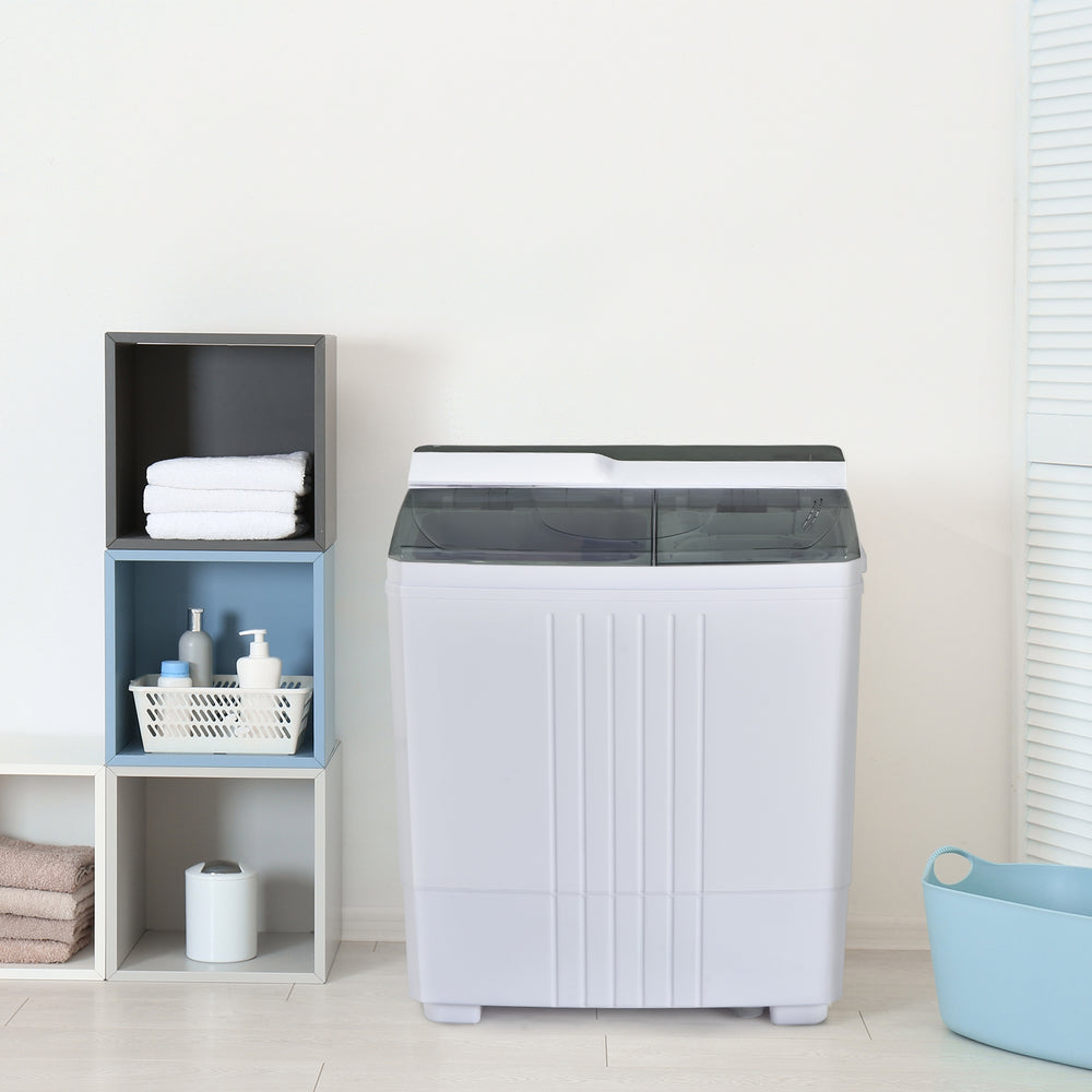 Twin tub portable washing machine in gray with timer control and drain pump, ideal for apartments and small spaces.