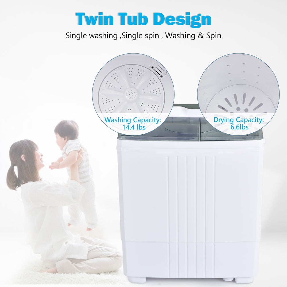 Twin tub portable washing machine in gray with 14.4 lbs washing capacity and 6.6 lbs drying capacity for efficient.