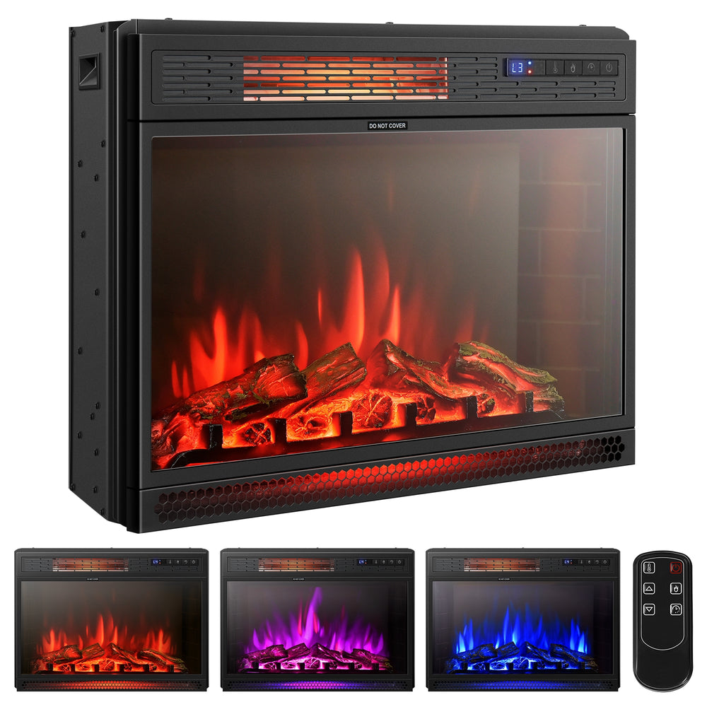 Recessed electric heater with realistic flame effect, adjustable temperature, and remote control for easy operation.