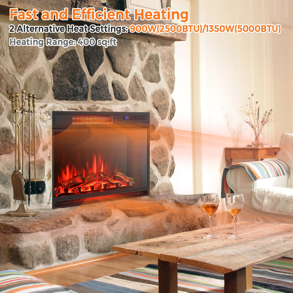 Recessed electric heater with realistic flame effect, 900W/1350W settings, heating up to 400 sq. ft. for cozy spaces.