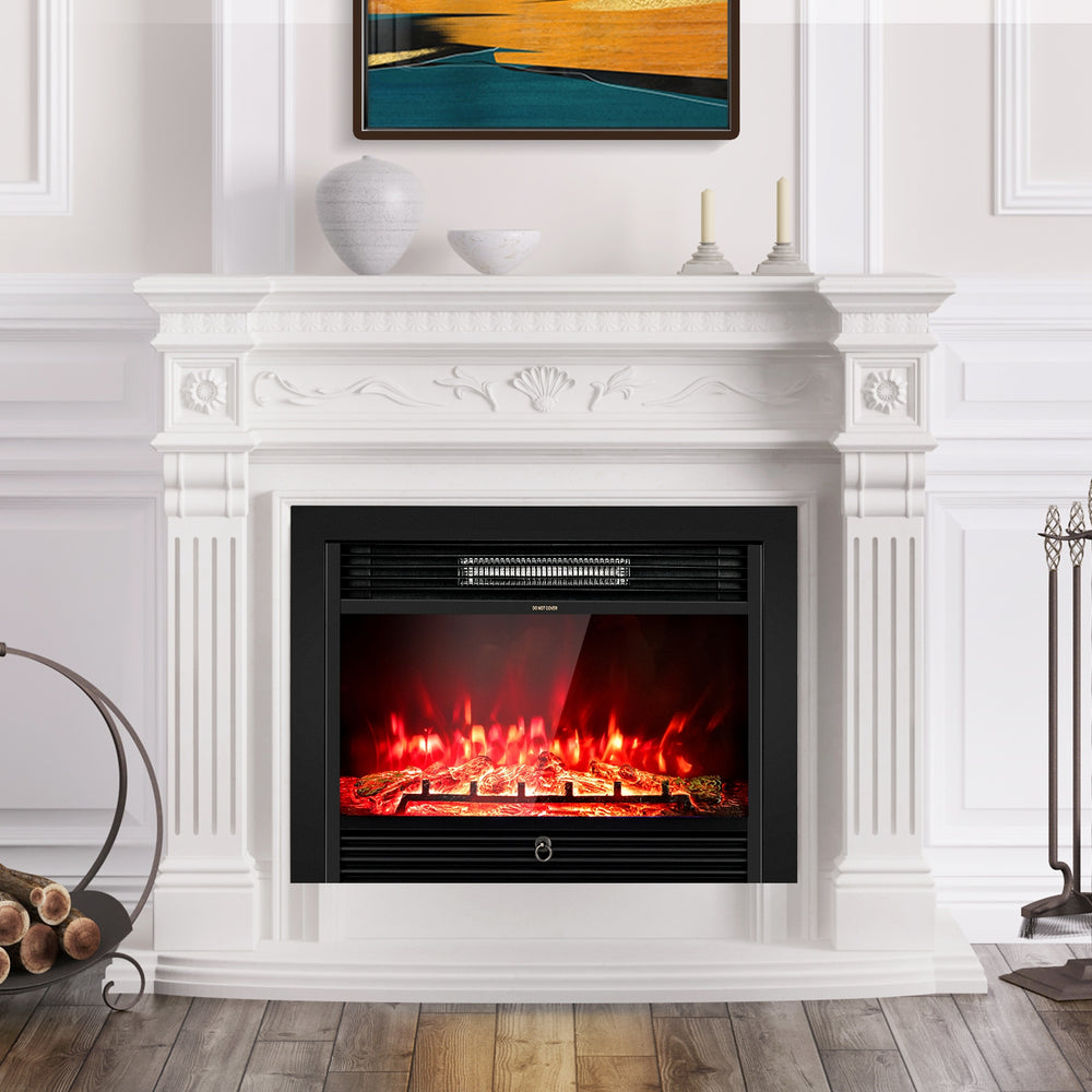 28.5-inch recessed electric fireplace with three flame colors and realistic flickering logs, perfect for living room.