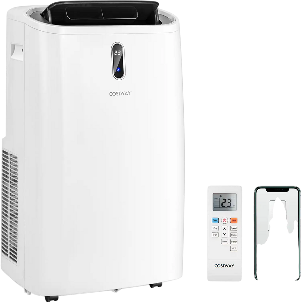 12000 BTU portable air conditioner in white with remote control, featuring smart control and 24H timer for versatile.