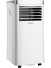 8000 BTU portable air conditioner in white with remote control, featuring compact design and rolling casters for easy.