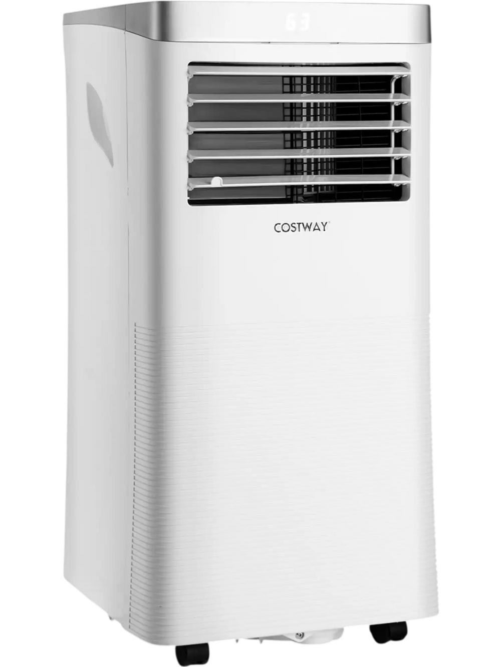 8000 BTU portable air conditioner in white with remote control, featuring compact design and rolling casters for easy.