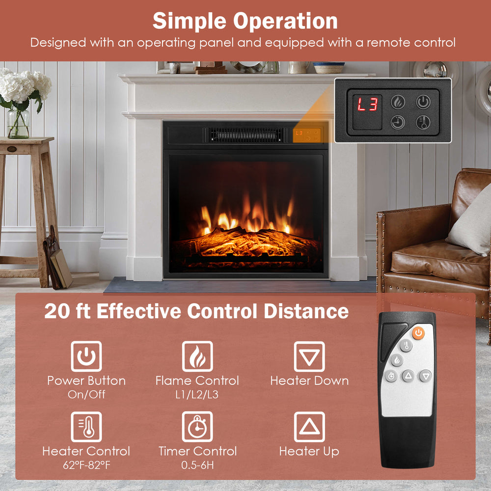 18-inch electric fireplace insert with adjustable LED flame, remote control, and 3D flame effects for cozy warmth.