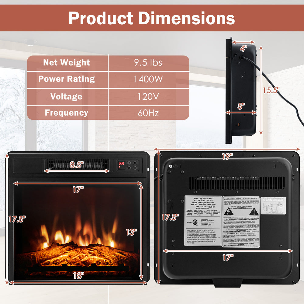 Product dimensions of the 18 Inch Electric Fireplace Insert, featuring adjustable LED flame effects and touch controls.