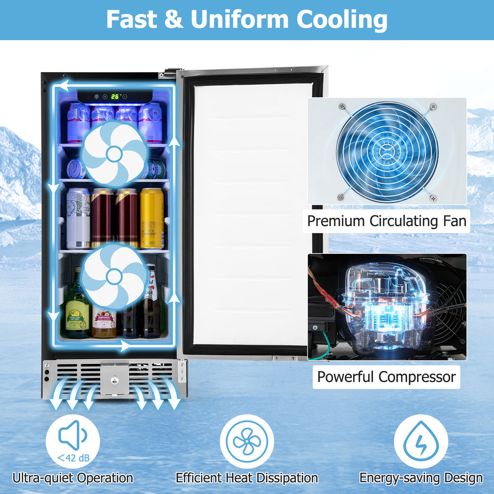 Compact refrigerator with stainless steel door, adjustable thermostat, and LED display for efficient cooling and.