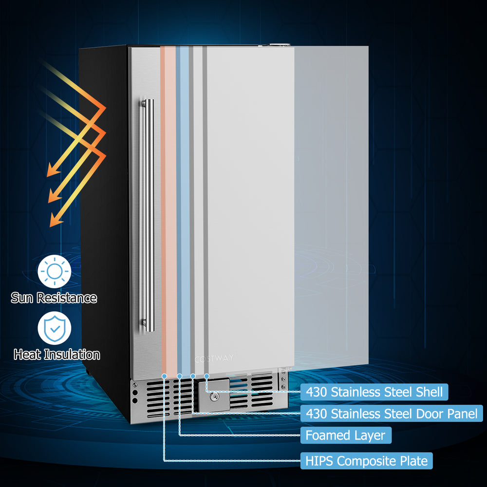 Compact refrigerator with stainless steel door, featuring a powerful silent compressor for efficient cooling and heat.