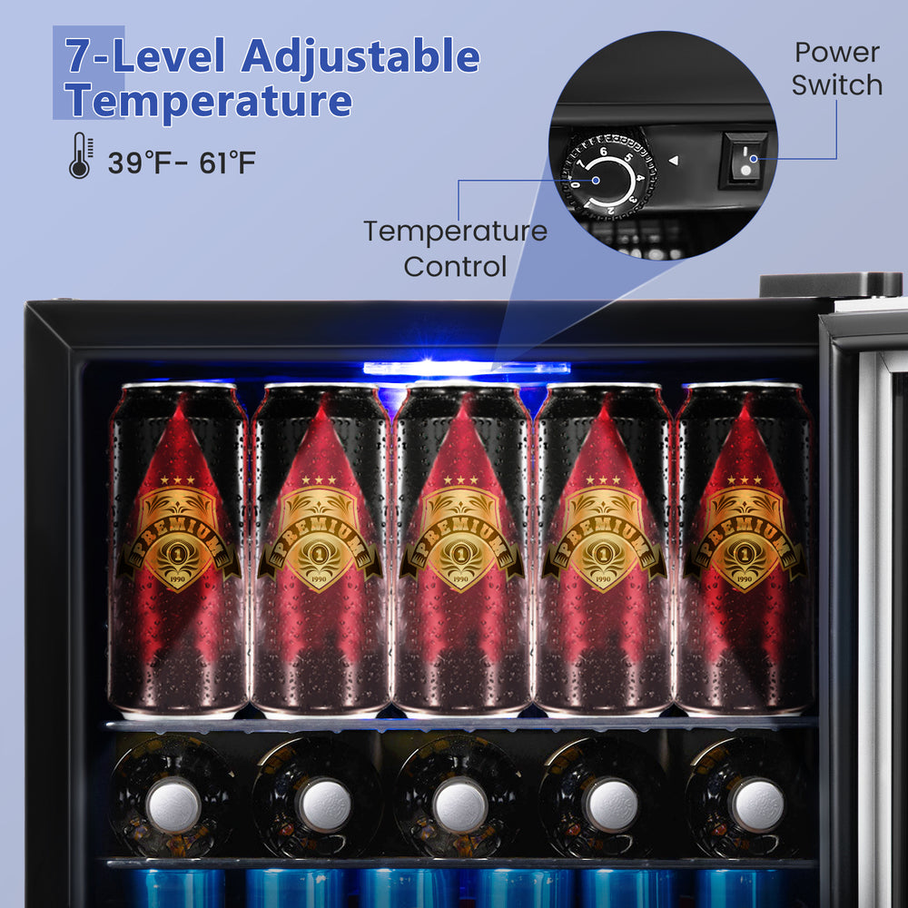Mini refrigerator with glass door showing 60-can capacity, adjustable temperature control, and interior LED light.