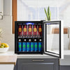 Mini refrigerator with glass door, holding 60 cans, featuring LED light and adjustable shelves for easy beverage access.