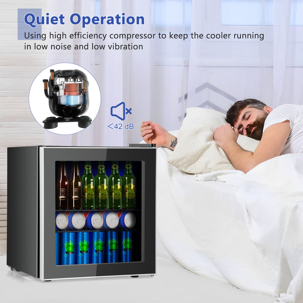 60-can beverage mini refrigerator with glass door, quiet operation, ideal for RVs, playrooms, and small kitchens.