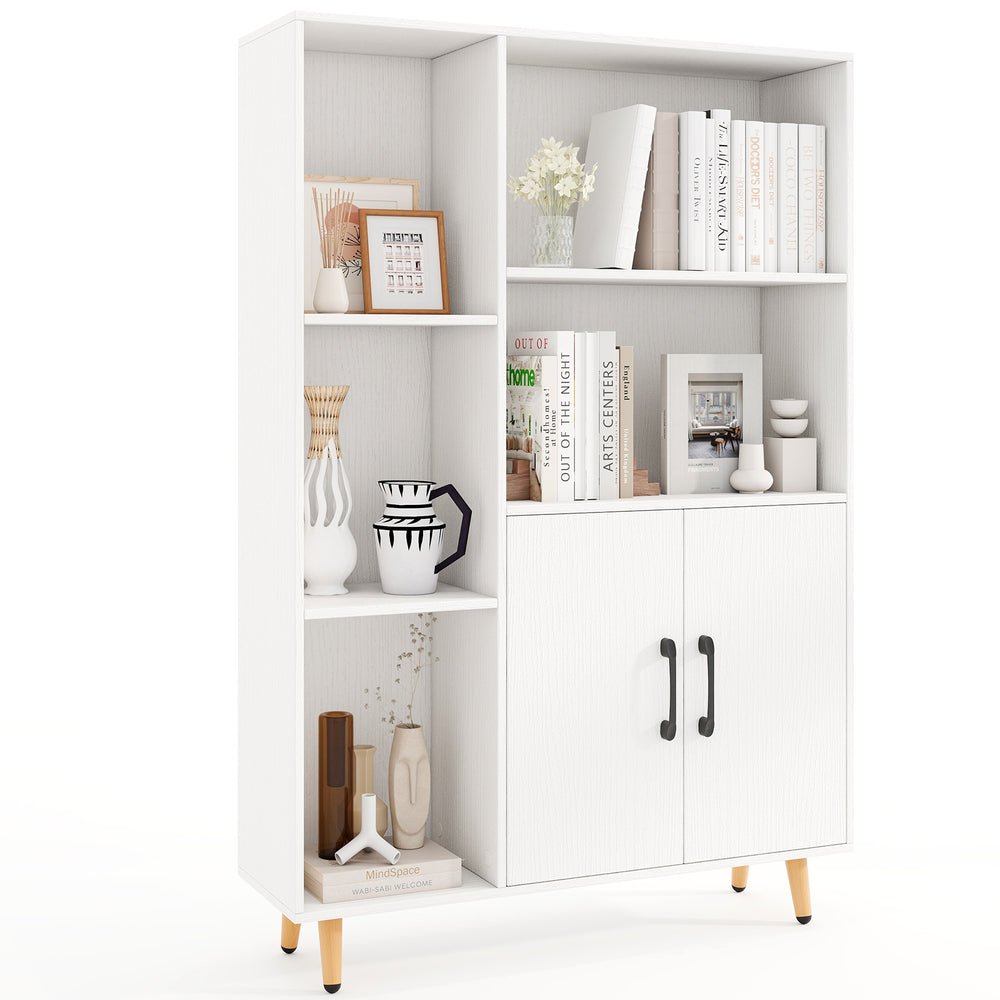 Free standing pantry cabinet with 5 shelves and 2-door storage, ideal for living room or kitchen organization.