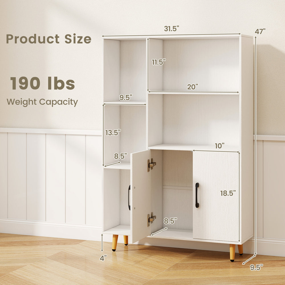 Free standing pantry cabinet with 5 shelves and 2-door cabinet, modern design for living room or kitchen storage.