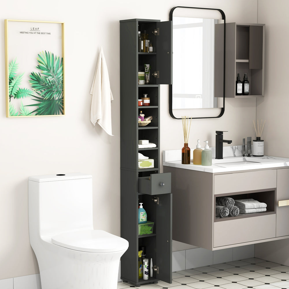 Freestanding Slim Bathroom Cabinet with Drawer and Adjustable Shelves-Gray - Gallery View 1 of 9