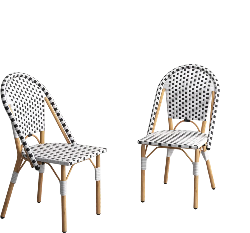 Set of 2 French bistro chairs with hand-woven PE rattan and galvanized metal frame, ideal for patio or garden use.