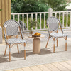 French Bistro Chair set of 2 with white hand-woven PE rattan and galvanized metal frame, ideal for patio or garden use.