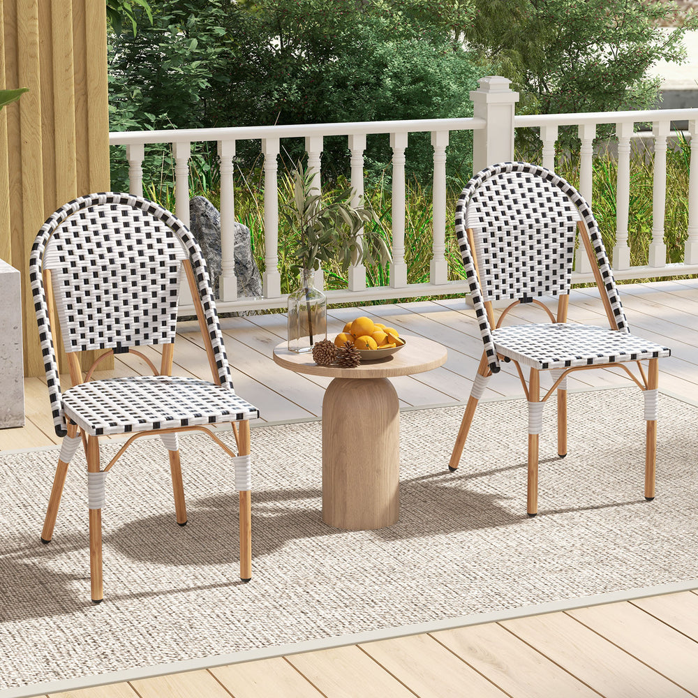 French Bistro Chair set of 2 with white hand-woven PE rattan and galvanized metal frame, ideal for patio or garden use.