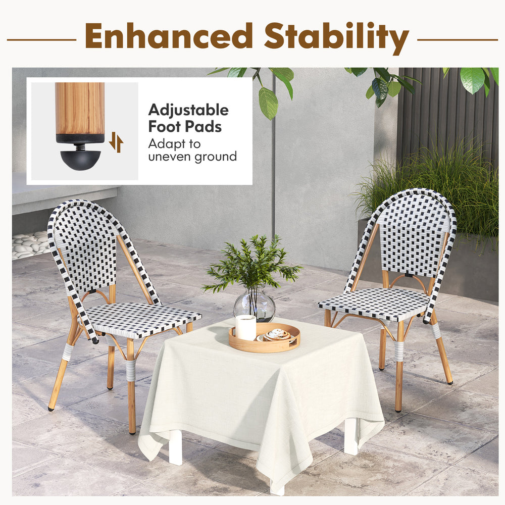 French Bistro chair set of 2 with breathable PE rattan and galvanized metal frame, featuring adjustable foot pads for.