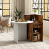 Oval front reception office desk in brown and white with open shelf, drawer, and corner shelf for storage.