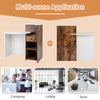 Front reception office desk in brown and white with oval tabletop, open shelf, and lockable drawer for versatile use.