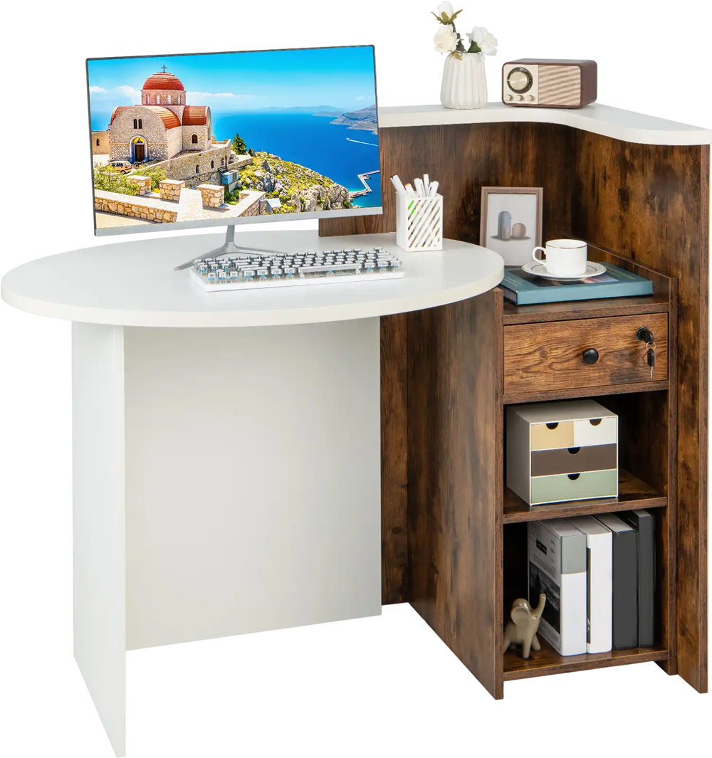 L-shaped front reception office desk in brown and white with oval tabletop, open shelf, and lockable drawer for storage.