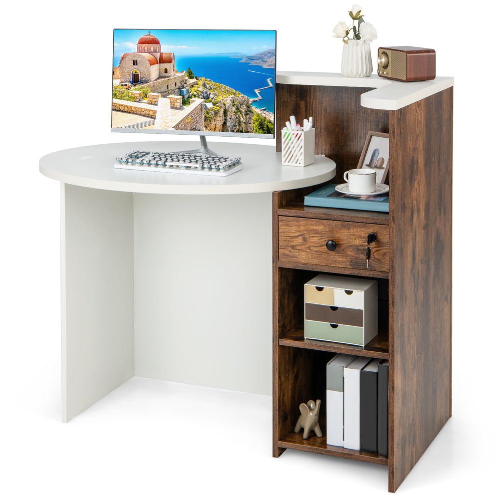 Oval-front reception office desk in brown and white with open shelf, drawer, and protective foot pads for floor safety.