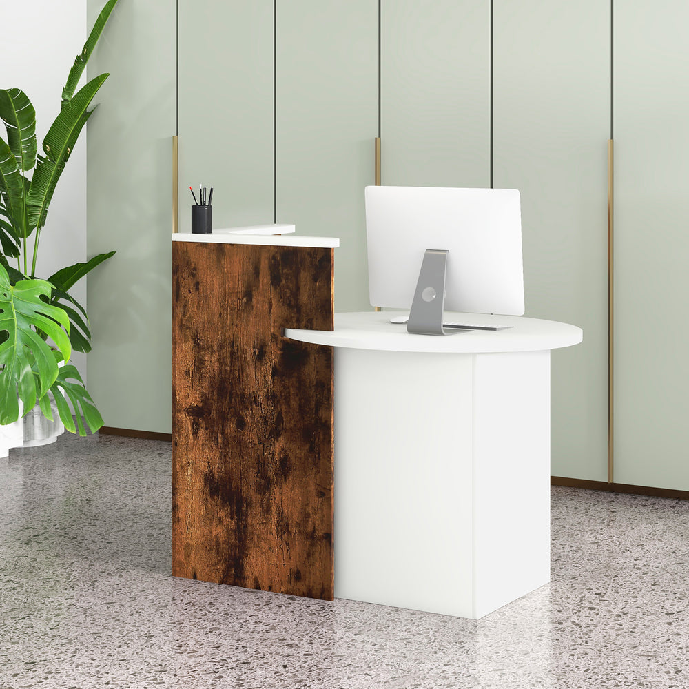Front reception office desk in brown and white with oval tabletop, open shelf, and lockable drawer for organized.