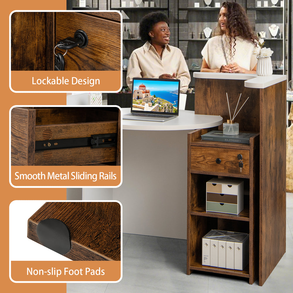 Front reception office desk in brown and white with lockable drawer, open shelf, and smooth metal sliding rails.