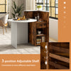 Front reception office desk in brown and white with an adjustable shelf and lockable drawer for organized storage.