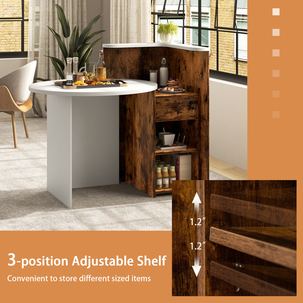Front reception office desk in brown and white with an adjustable shelf and lockable drawer for organized storage.