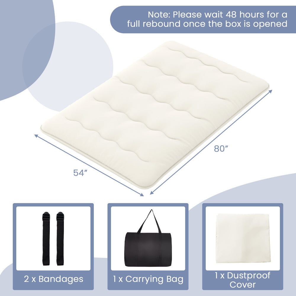 Beige full-size futon mattress floor sleeping pad with washable cover, ideal for camping, yoga, or kids' play.