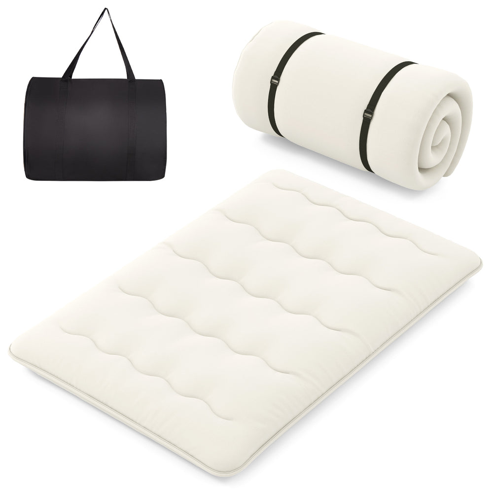 Beige full-size futon mattress floor sleeping pad with washable cover, rolled up with carry bag for easy transport.