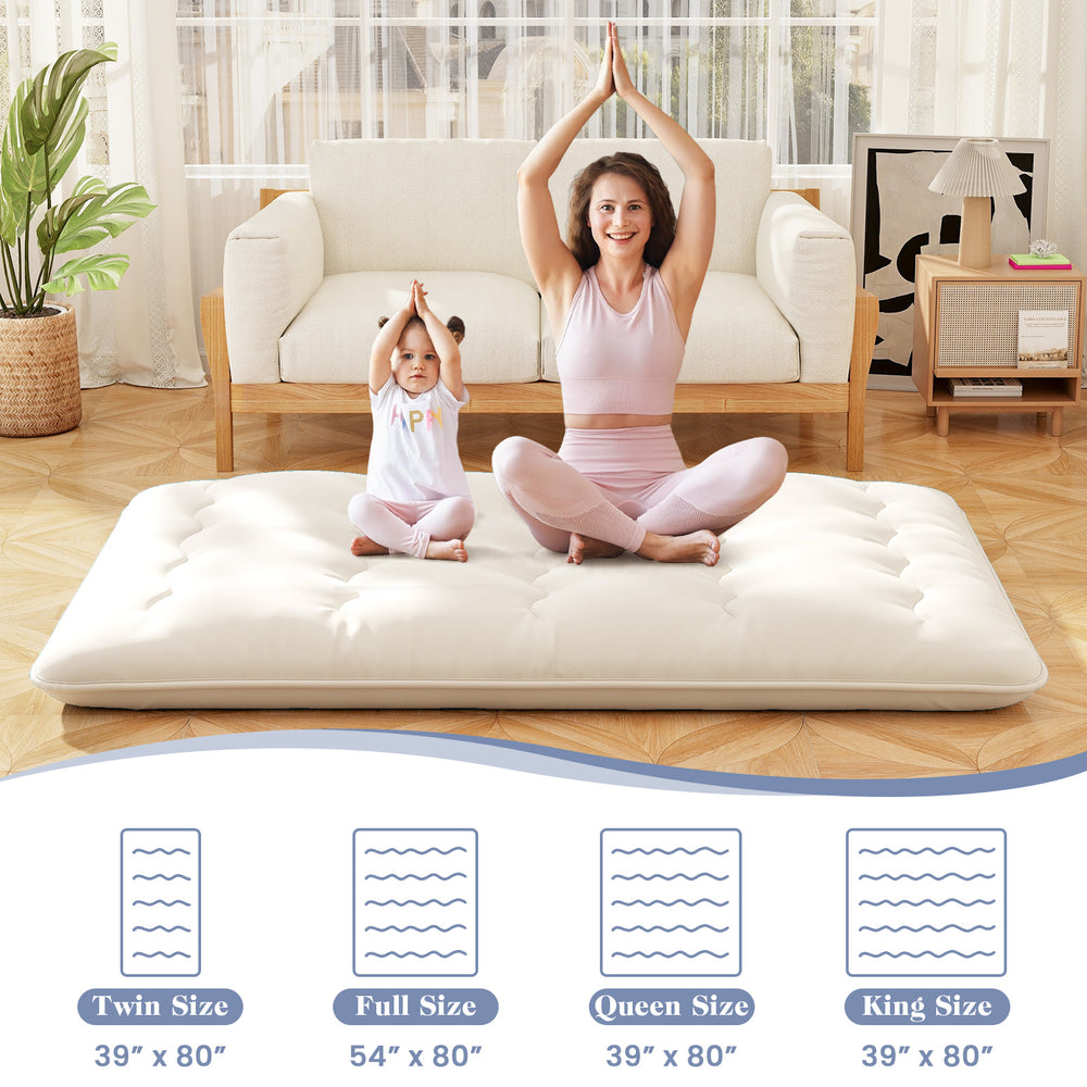 Queen size beige futon mattress floor sleeping pad, featuring a washable cover, ideal for sleeping, yoga, or play.