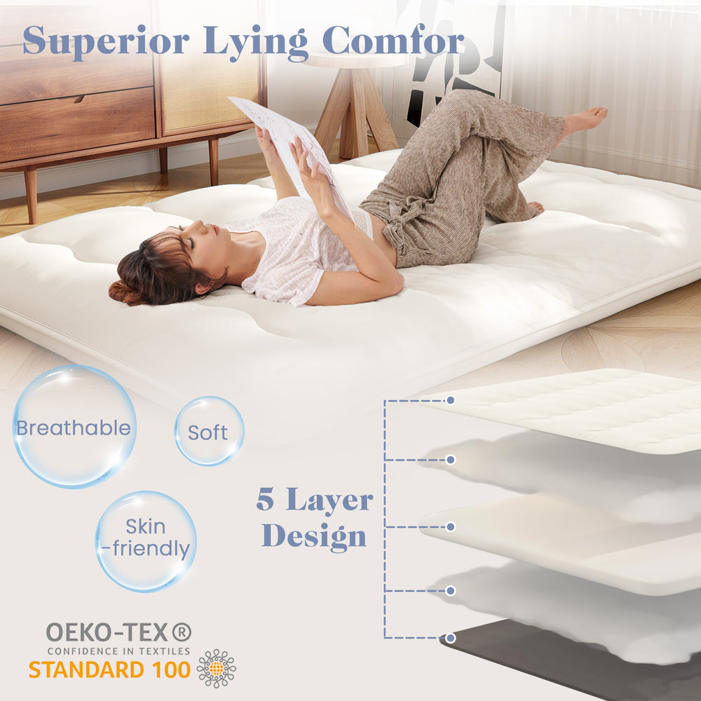 Beige full-size futon mattress with 5-layer design, breathable and soft, ideal for camping or as a sleeping pad.