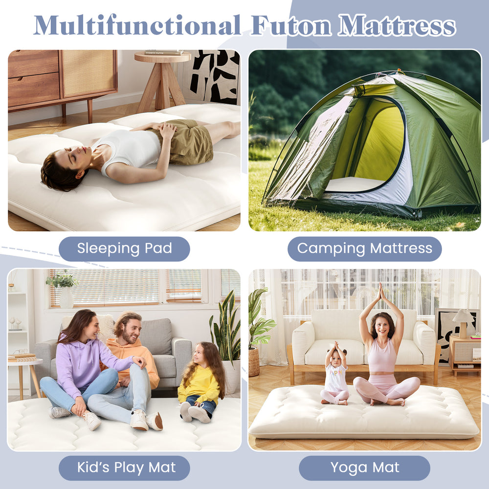 Beige full-size futon mattress shown as a sleeping pad, ideal for camping, kids' play, or yoga activities.