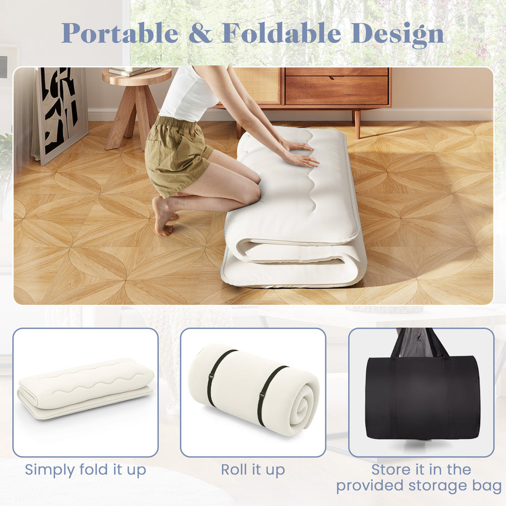 Beige full-size futon mattress sleeping pad, foldable design for easy storage and transport, ideal for camping or yoga.