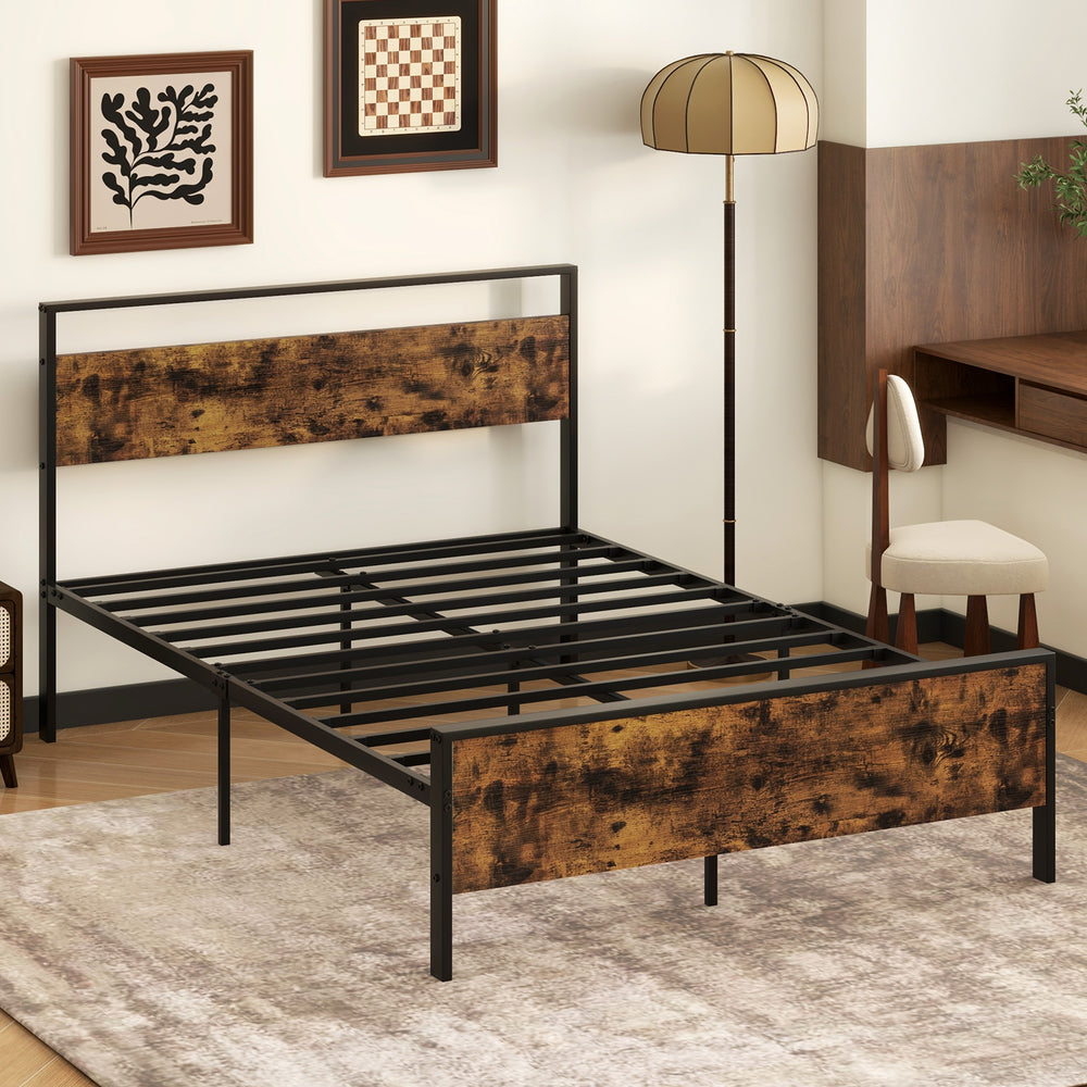 Full Metal Bed Frame Industrial Platform Bed with Wooden Headboard-Full Size - Gallery View 1 of 10