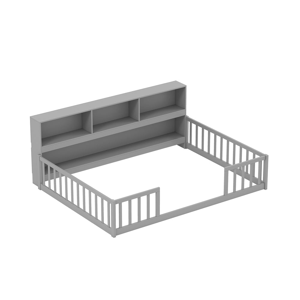 Full Size Montessori Floor Bed with Bookcase-Gray - Gallery View 1 of 1