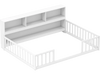 Full size Montessori floor bed in white with integrated bookcase, promoting independence and organized storage for kids.