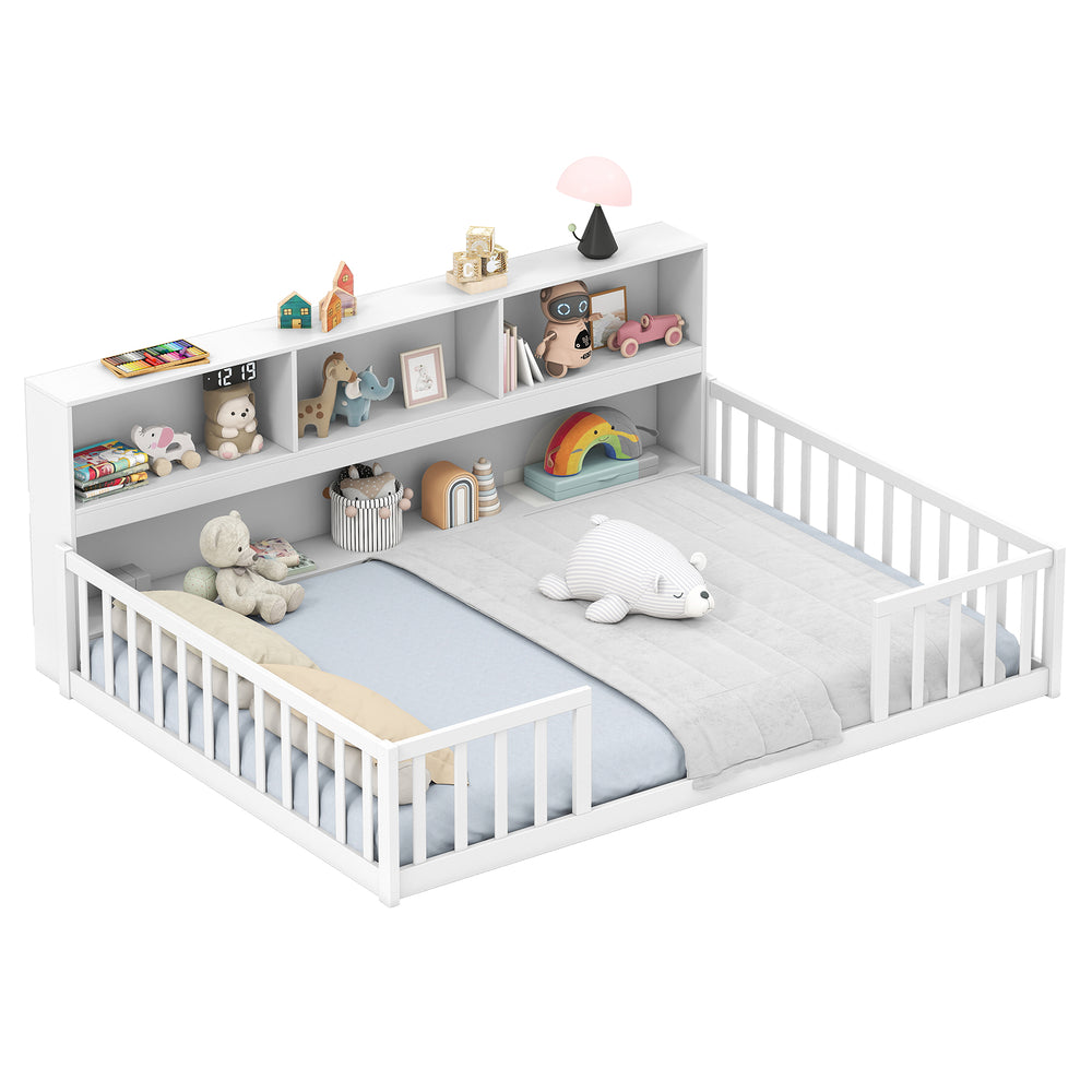 Montessori floor bed with integrated bookcase in white, featuring a cozy sleeping area and ample storage for toys and.